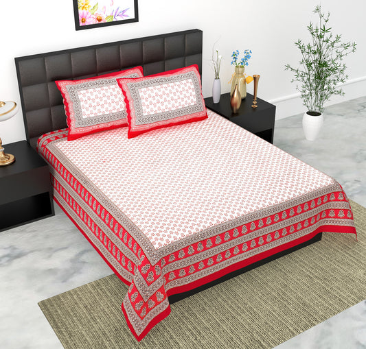 Rajasthani Jaipuri Traditional Double Bed Bedsheet with 2 Pillow Covers -(Red)
