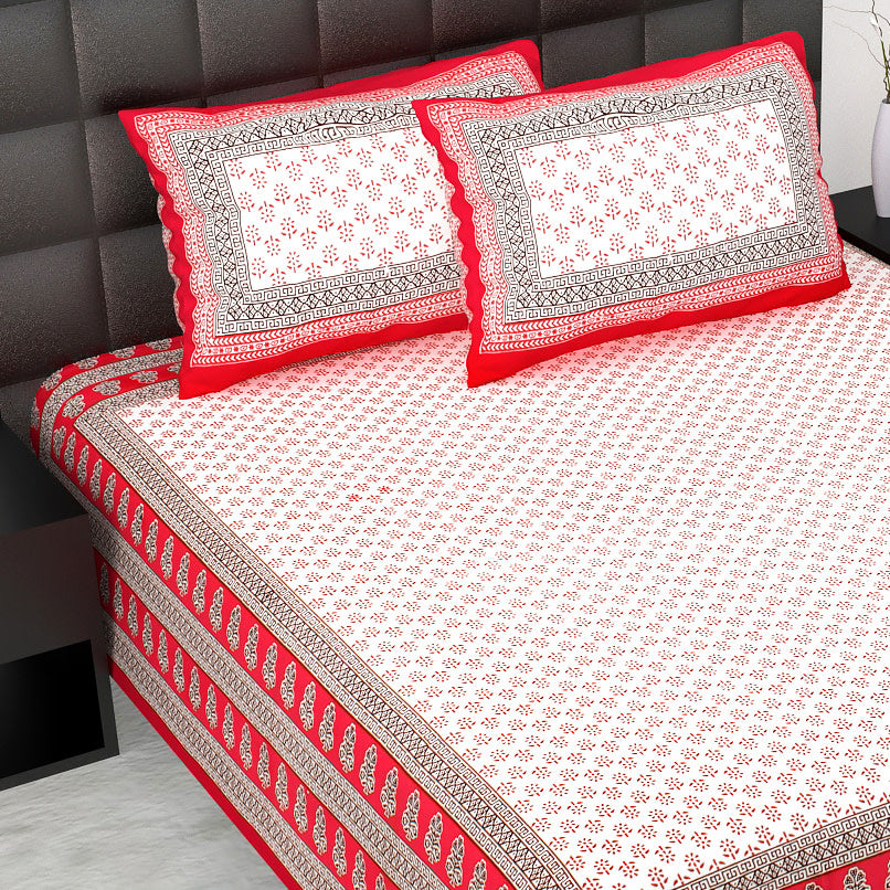 Rajasthani Jaipuri Traditional Double Bed Bedsheet with 2 Pillow Covers -(Red)