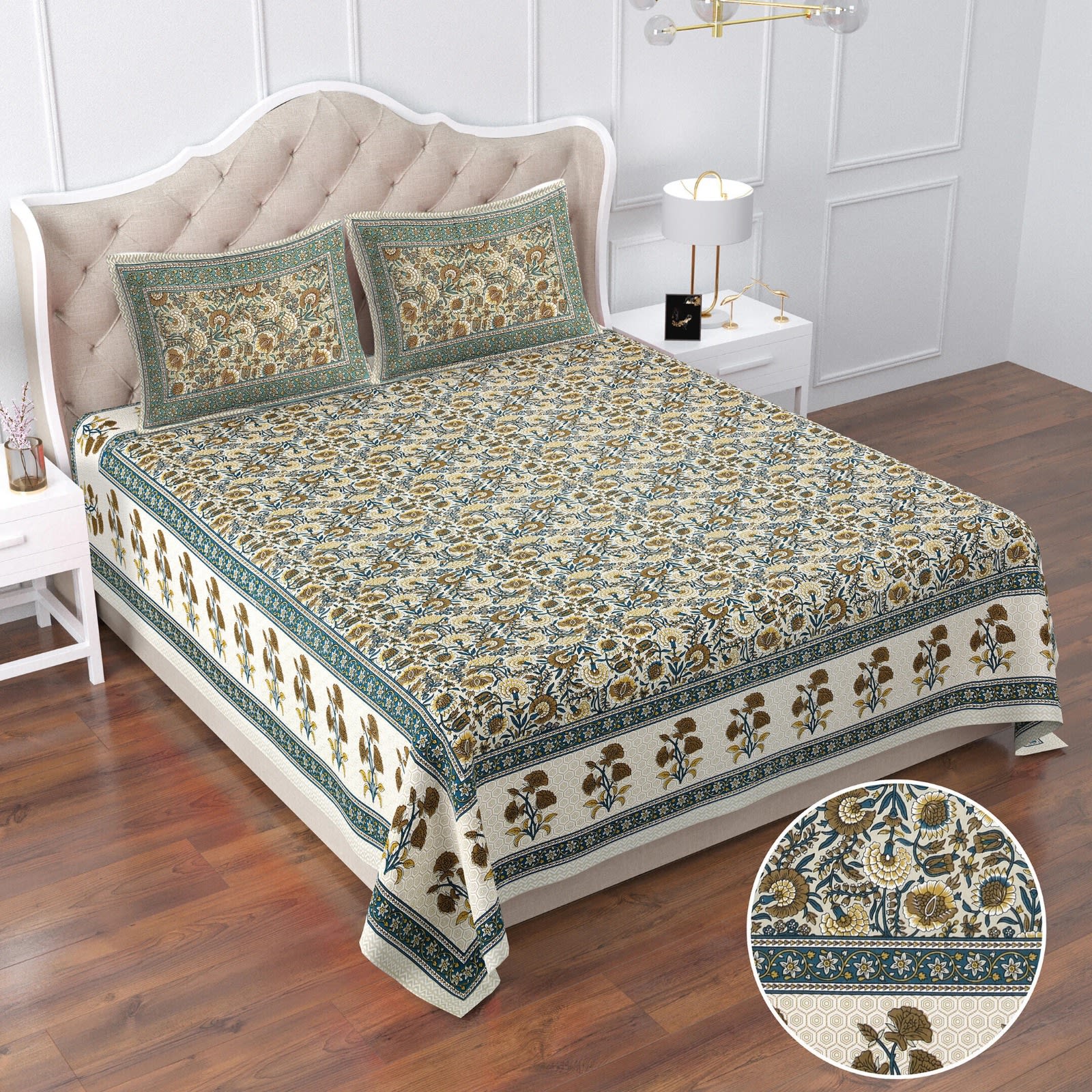 Rajasthani Jaipuri Traditional Double Bed Bedsheet with 2 Pillow Covers -