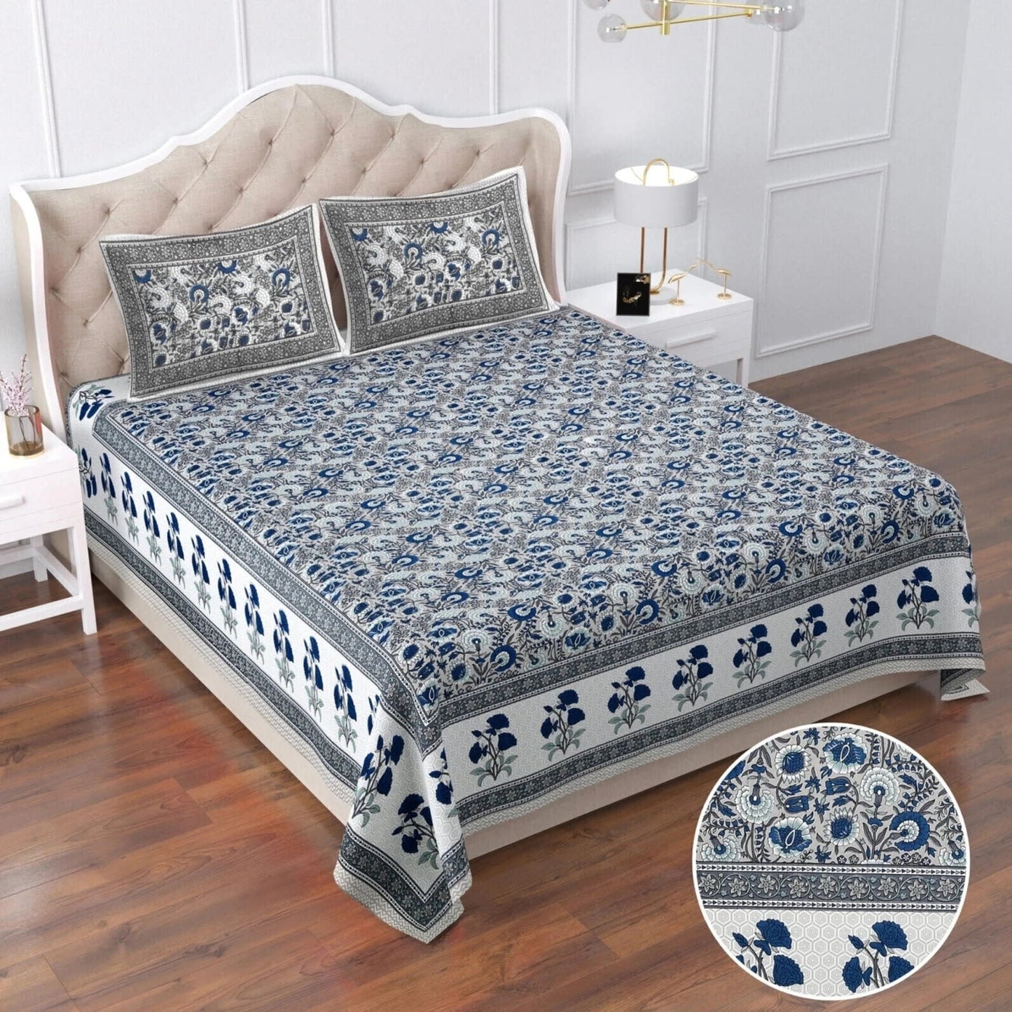 Rajasthani Jaipuri Traditional Double Bed Bedsheet with 2 Pillow Covers -