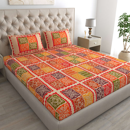 Rajasthani Jaipuri Traditional Double Bed Bedsheet with 2 Pillow Covers - (Red)