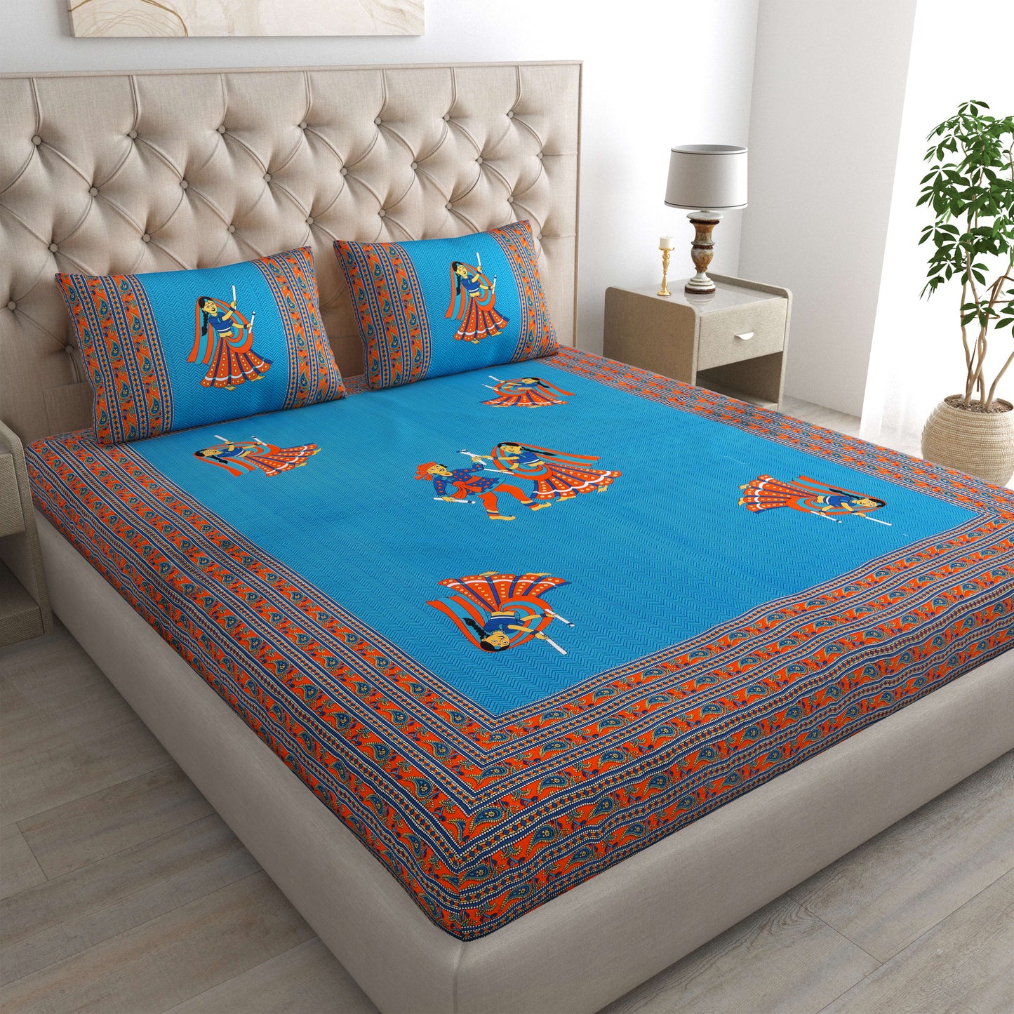 Rajasthani Jaipuri Traditional Double Bed Bedsheet with 2 Pillow Covers - ( Blue)