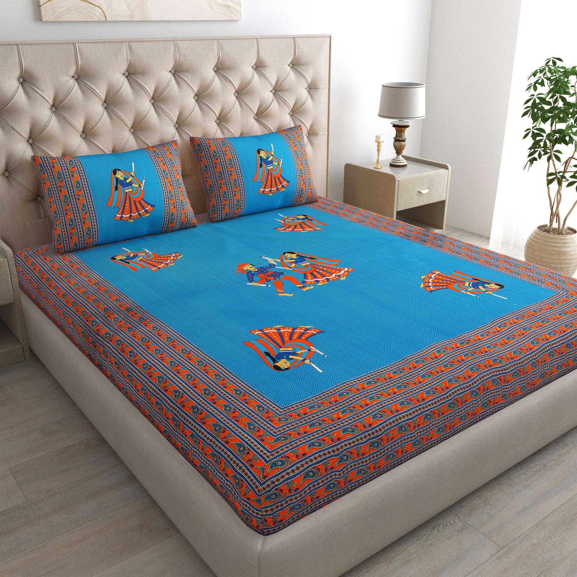 Rajasthani Jaipuri Traditional Double Bed Bedsheet with 2 Pillow Covers - ( Blue)