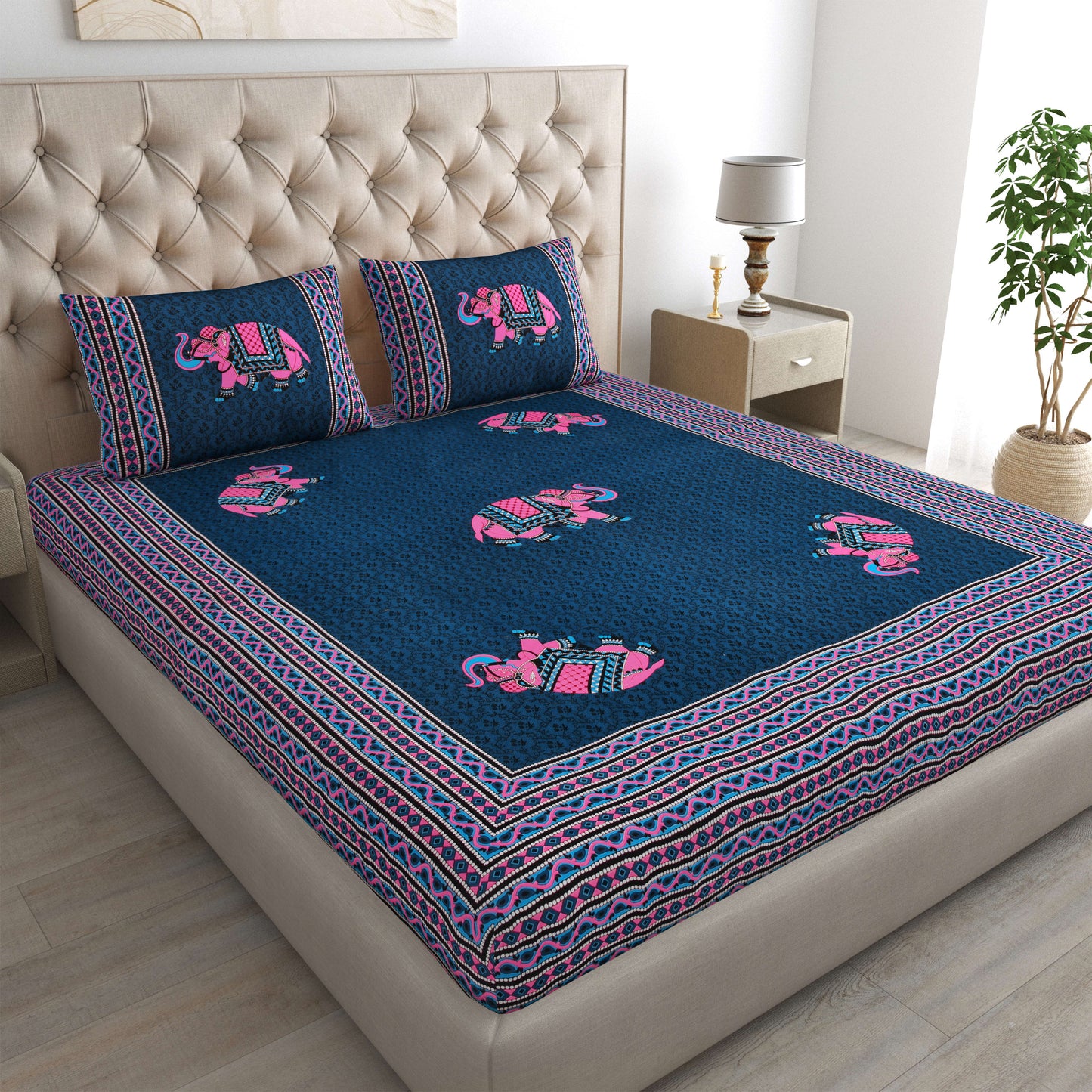 Rajasthani Jaipuri Traditional Double Bed Bedsheet with 2 Pillow Covers - ( Blue)