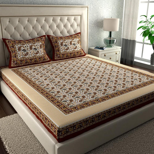 Rajasthani Jaipuri Traditional Double Bed Bedsheet with 2 Pillow Covers - ( Brown)