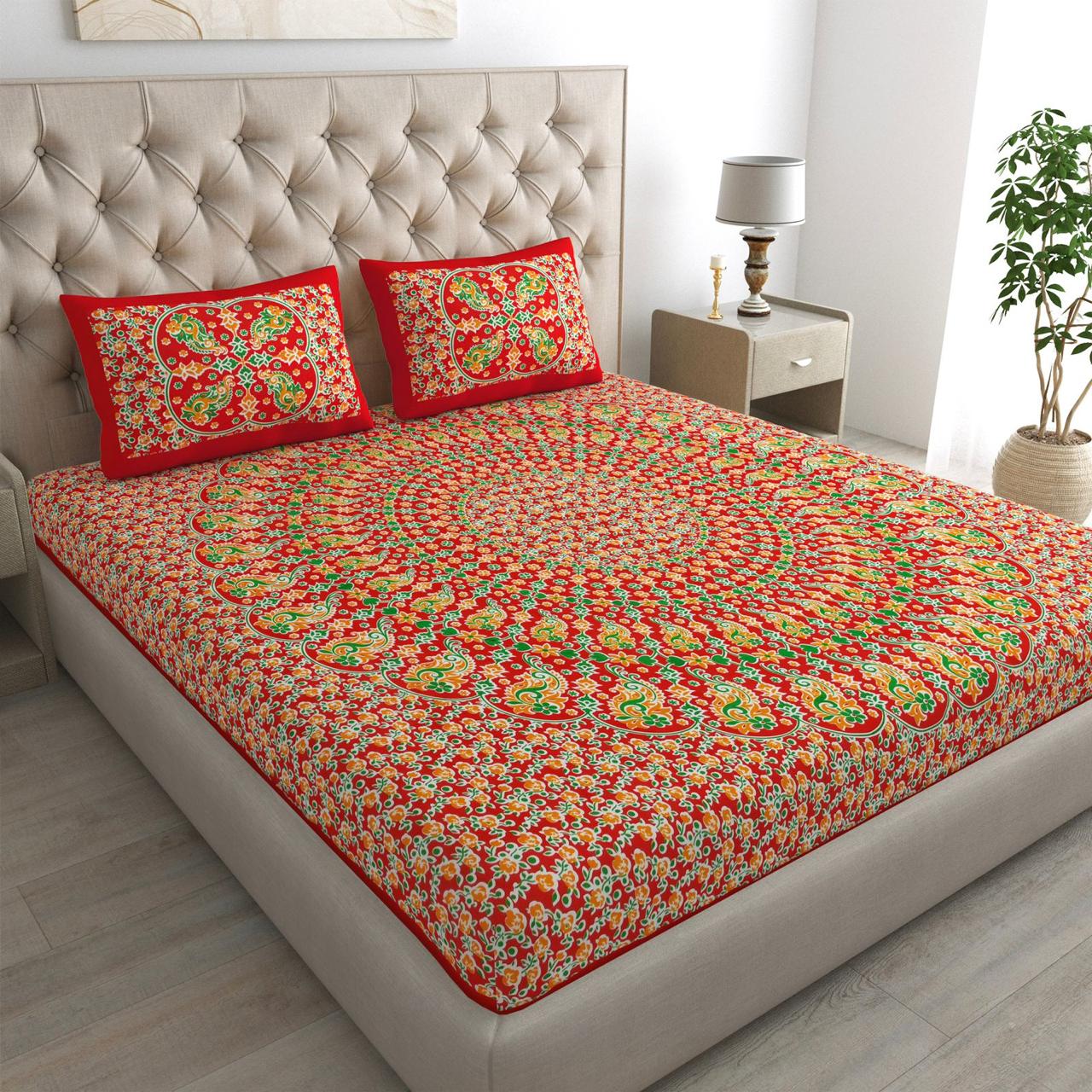 Rajasthani Jaipuri Traditional Double Bed Bedsheet with 2 Pillow Covers - ( Green)