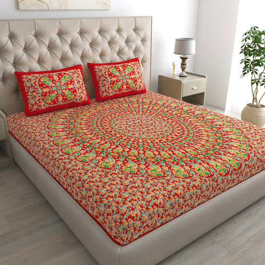 Rajasthani Jaipuri Traditional Double Bed Bedsheet with 2 Pillow Covers - ( Green)