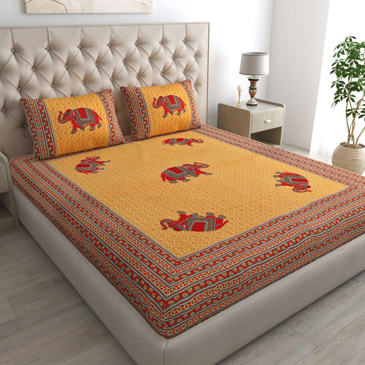 Rajasthani Jaipuri Traditional Double Bed Bedsheet with 2 Pillow Covers - ( Musturd)