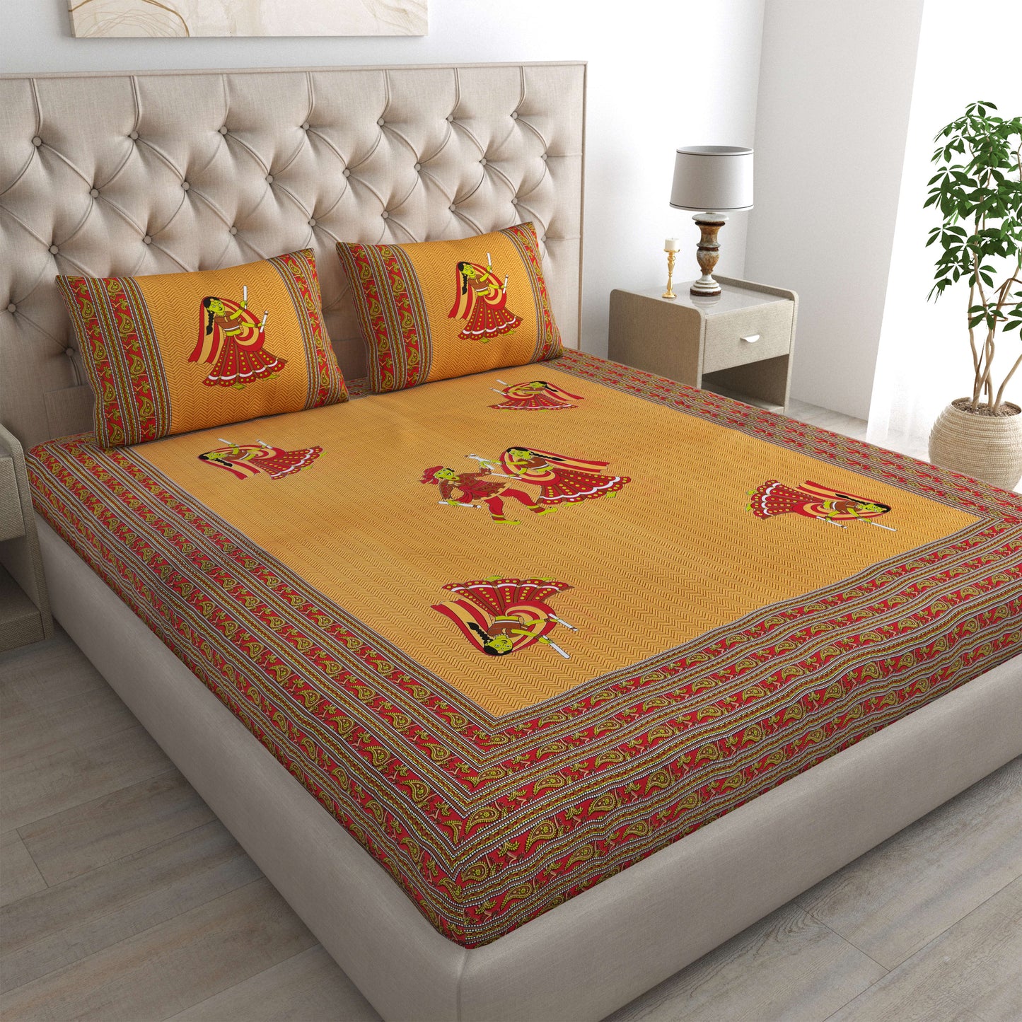 Rajasthani Jaipuri Traditional Double Bed Bedsheet with 2 Pillow Covers - ( Musturd)
