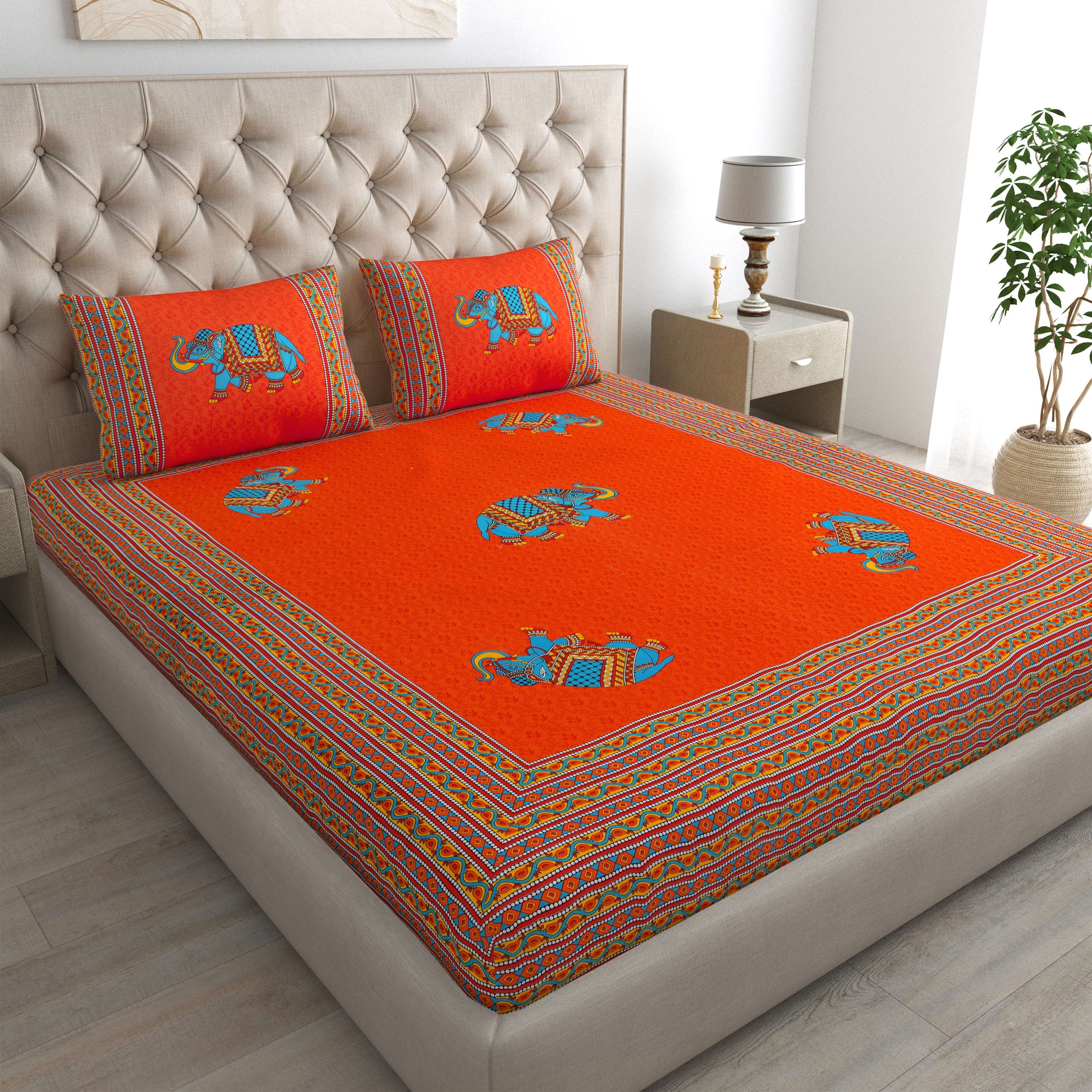 Rajasthani Jaipuri Traditional Double Bed Bedsheet with 2 Pillow Covers - ( Orange)