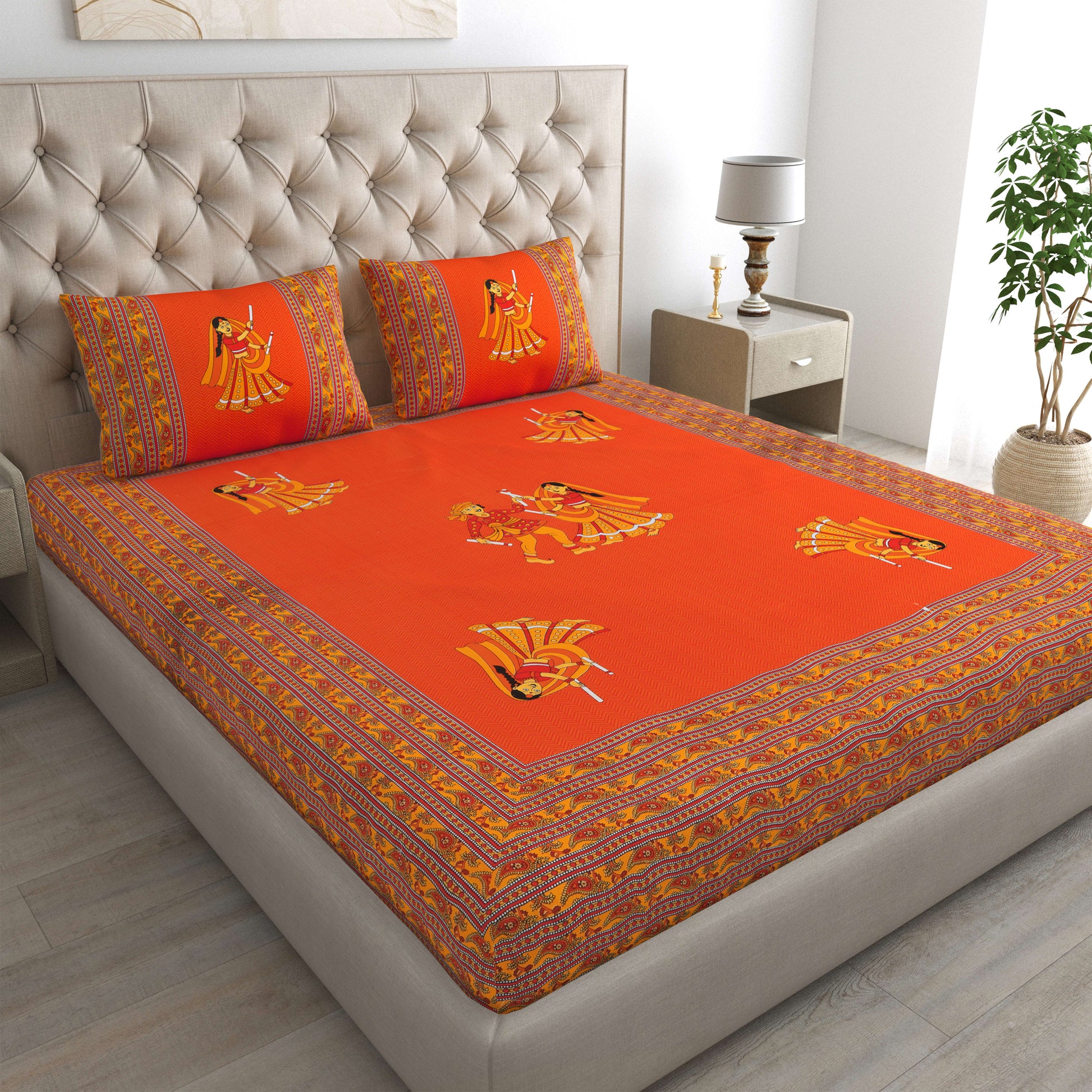 Rajasthani Jaipuri Traditional Double Bed Bedsheet with 2 Pillow Covers - ( Orange)
