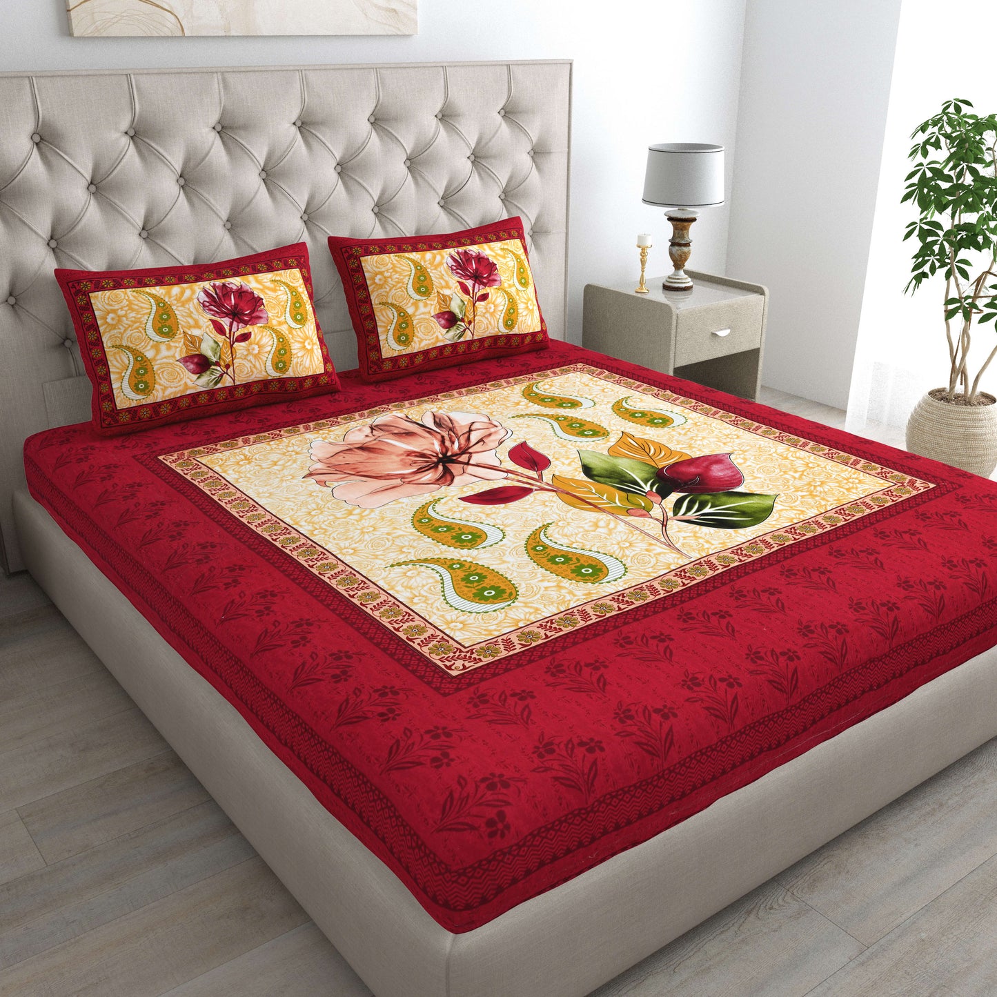 Rajasthani Jaipuri Traditional Double Bed Bedsheet with 2 Pillow Covers - ( Red)