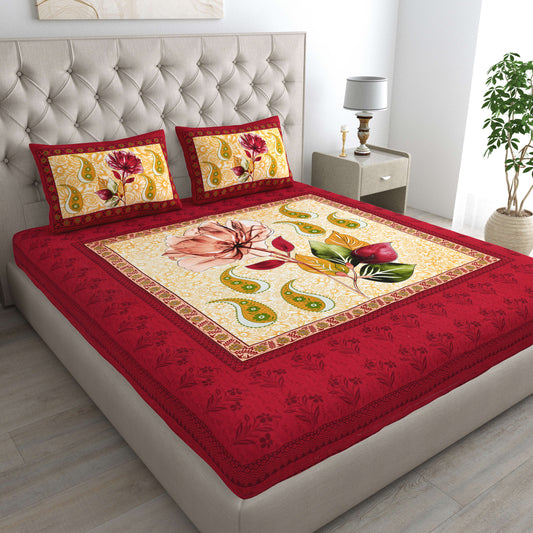 Rajasthani Jaipuri Traditional Double Bed Bedsheet with 2 Pillow Covers - ( Red)