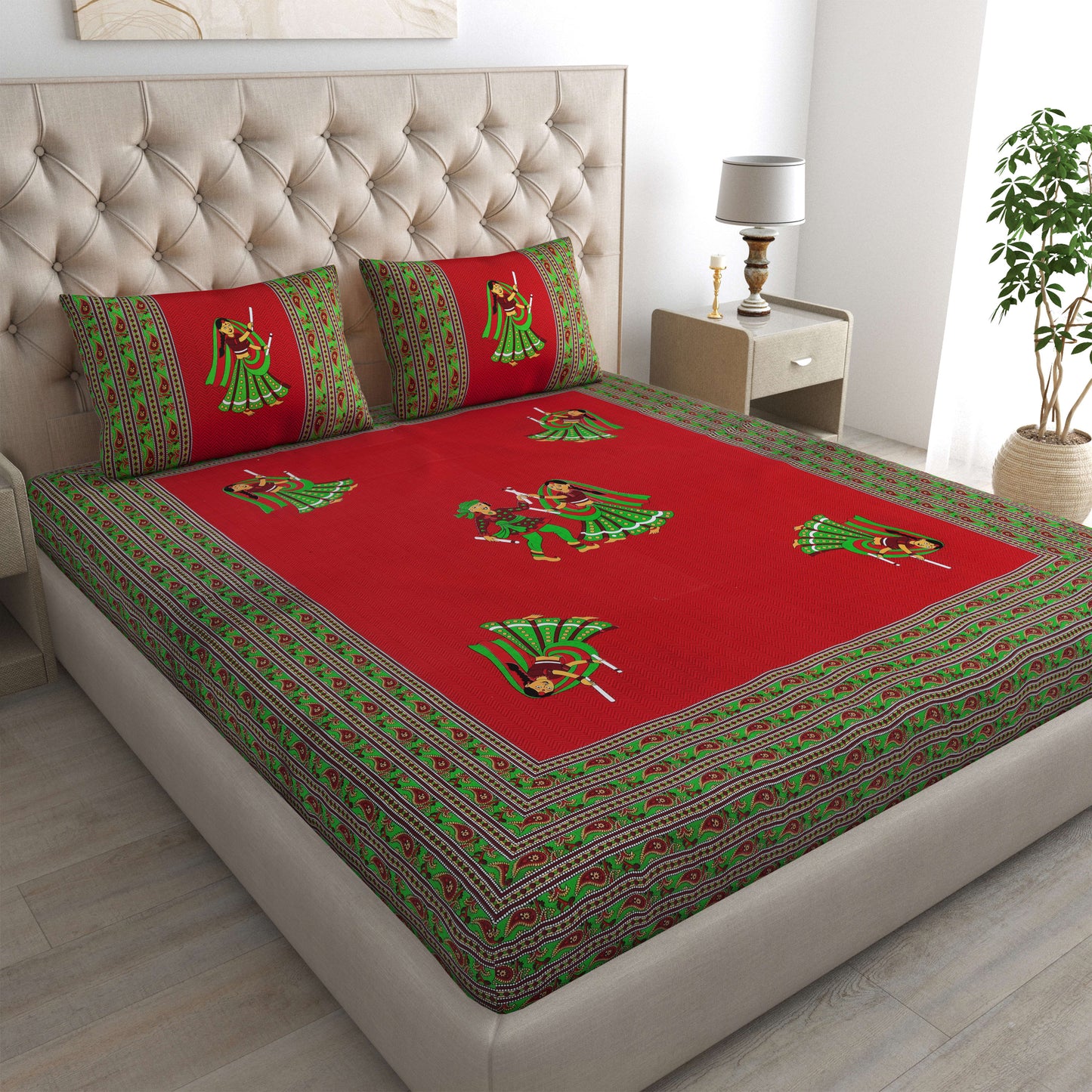 Rajasthani Jaipuri Traditional Double Bed Bedsheet with 2 Pillow Covers - ( Red)