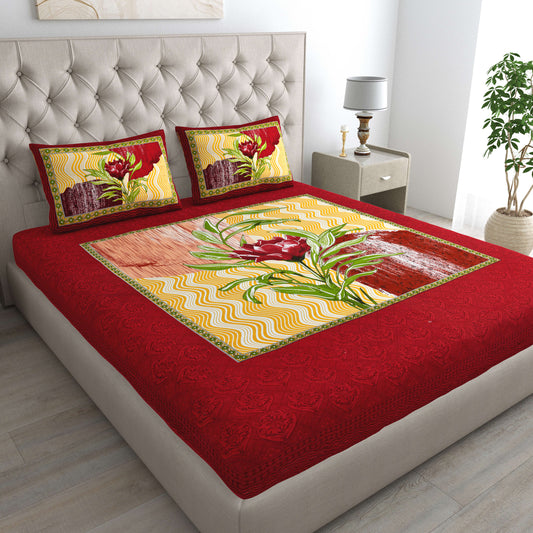 Rajasthani Jaipuri Traditional Double Bed Bedsheet with 2 Pillow Covers - ( Red)