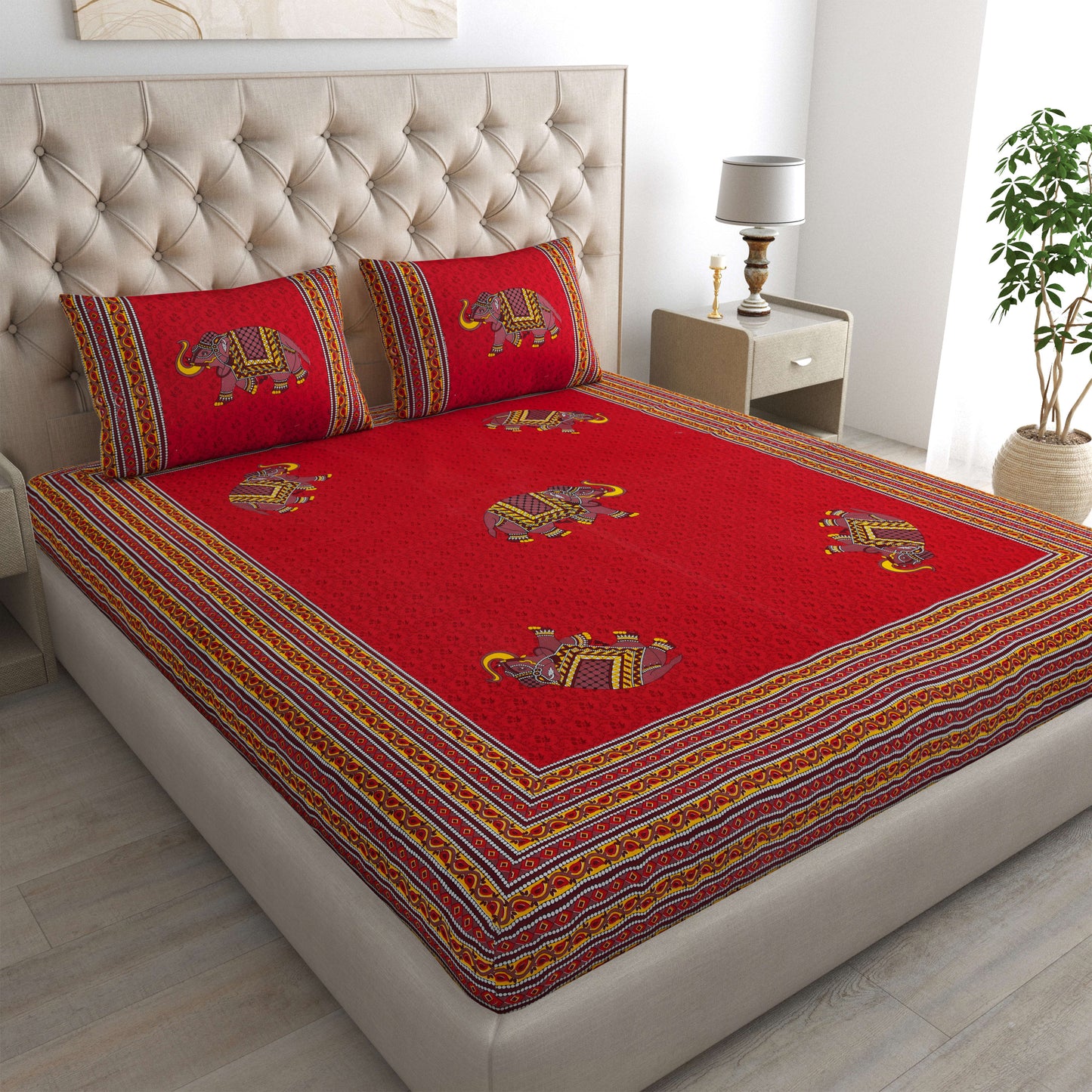 Rajasthani Jaipuri Traditional Double Bed Bedsheet with 2 Pillow Covers - ( Red)