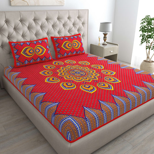 Rajasthani Jaipuri Traditional Double Bed Bedsheet with 2 Pillow Covers - ( Red)