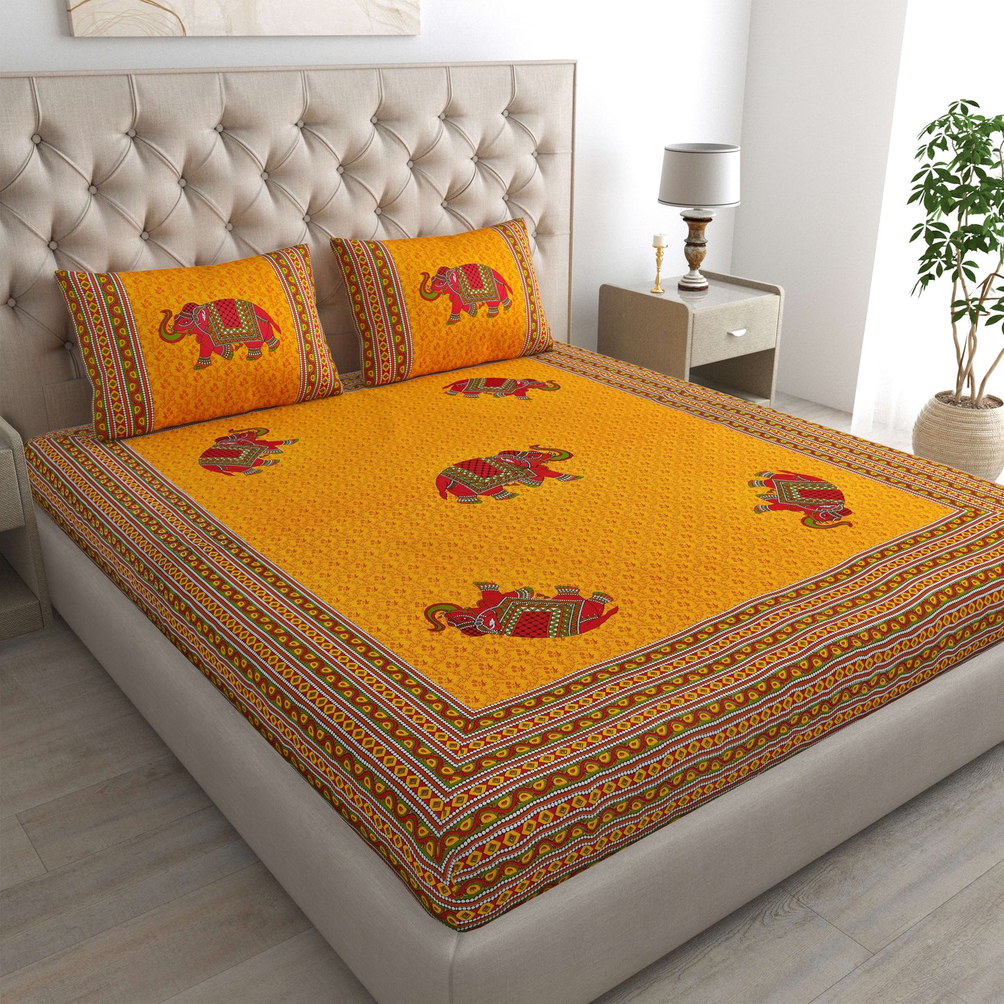 Rajasthani Jaipuri Traditional Double Bed Bedsheet with 2 Pillow Covers - ( Yellow)