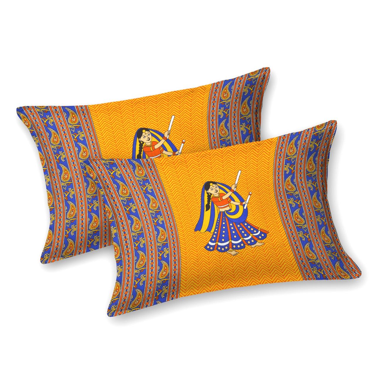 Rajasthani Jaipuri Traditional Double Bed Bedsheet with 2 Pillow Covers - ( Yellow)