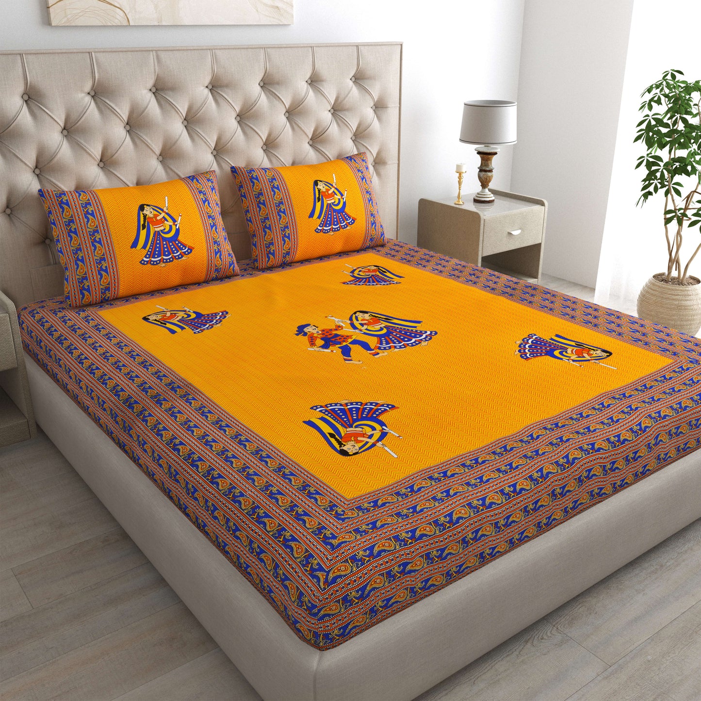 Rajasthani Jaipuri Traditional Double Bed Bedsheet with 2 Pillow Covers - ( Yellow)