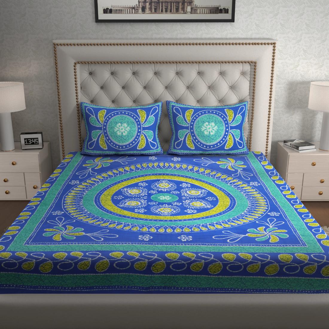 Rajasthani Jaipuri Traditional Double Bedsheet with 2 Pillow Covers - ( Blue)