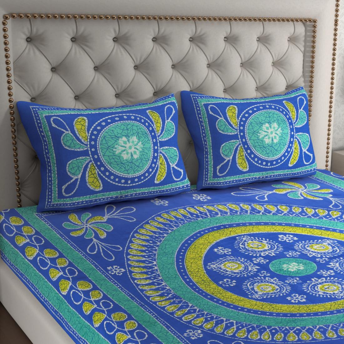 Rajasthani Jaipuri Traditional Double Bedsheet with 2 Pillow Covers - ( Blue)