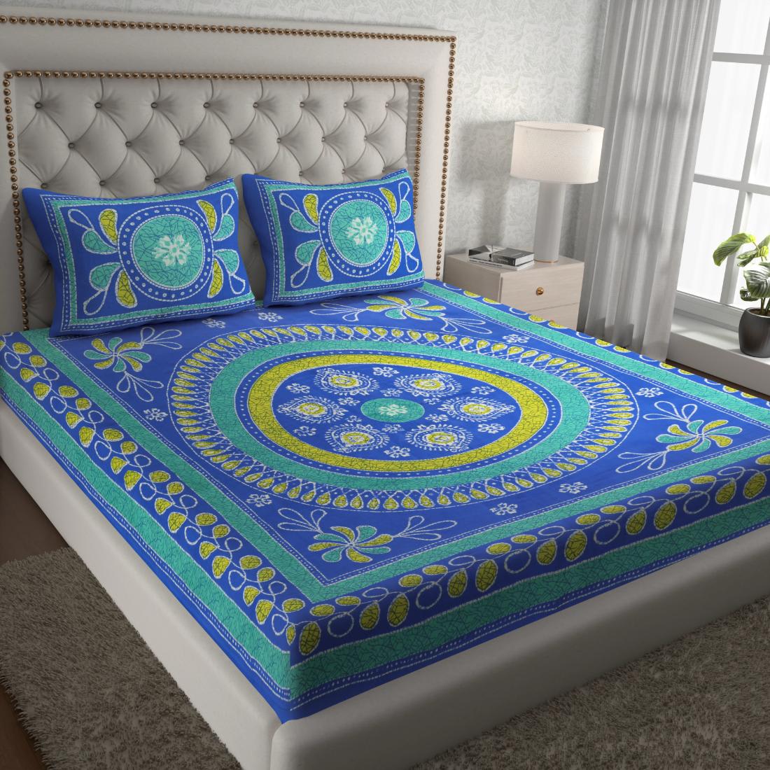 Rajasthani Jaipuri Traditional Double Bedsheet with 2 Pillow Covers - ( Blue)