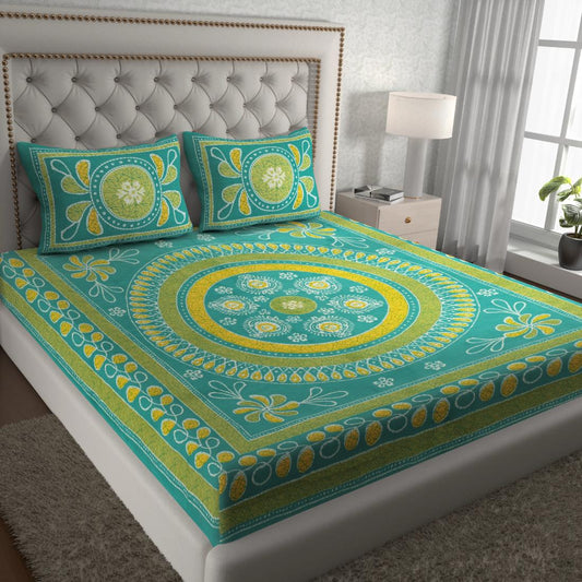 Rajasthani Jaipuri Traditional Double Bedsheet with 2 Pillow Covers - ( Green)