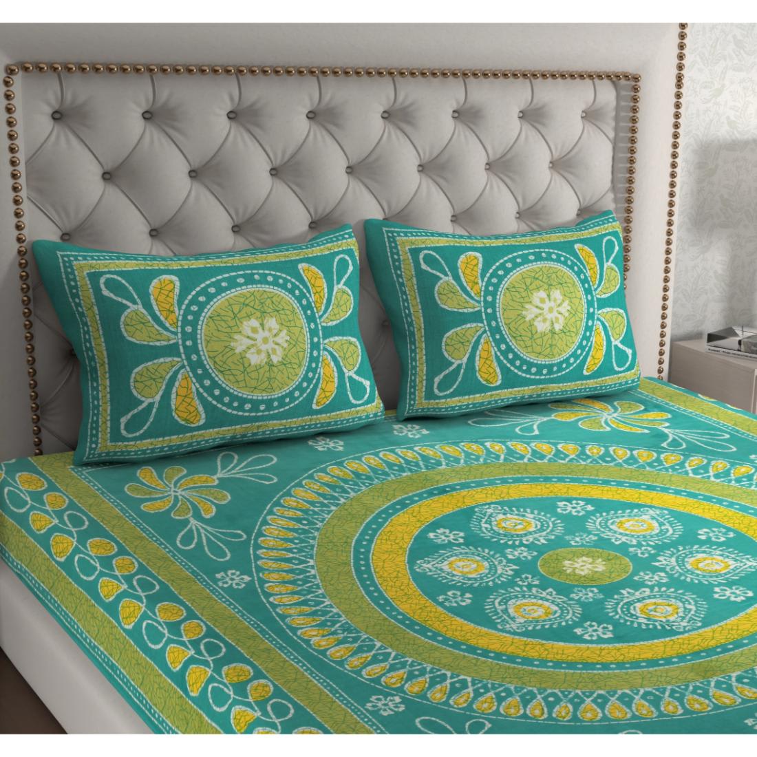 Rajasthani Jaipuri Traditional Double Bedsheet with 2 Pillow Covers - ( Green)