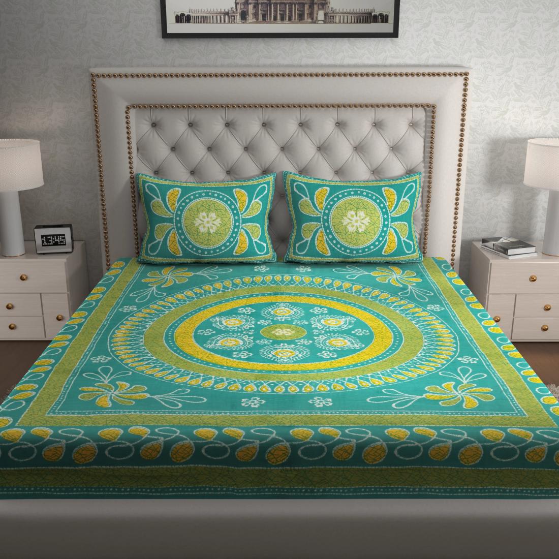 Rajasthani Jaipuri Traditional Double Bedsheet with 2 Pillow Covers - ( Green)