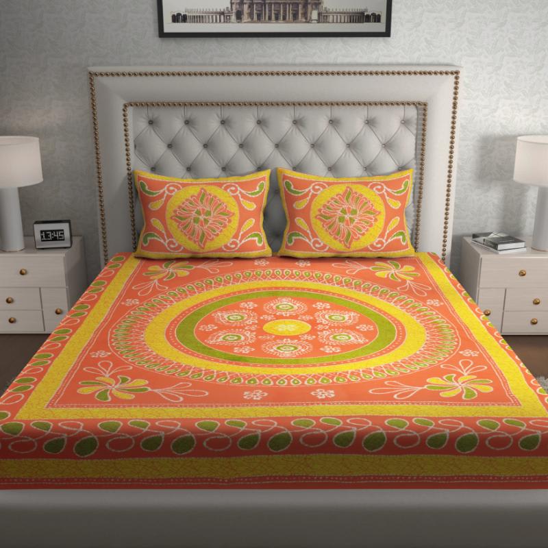 Rajasthani Jaipuri Traditional Double Bedsheet with 2 Pillow Covers - ( Orange)