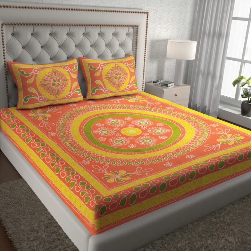 Rajasthani Jaipuri Traditional Double Bedsheet with 2 Pillow Covers - ( Orange)