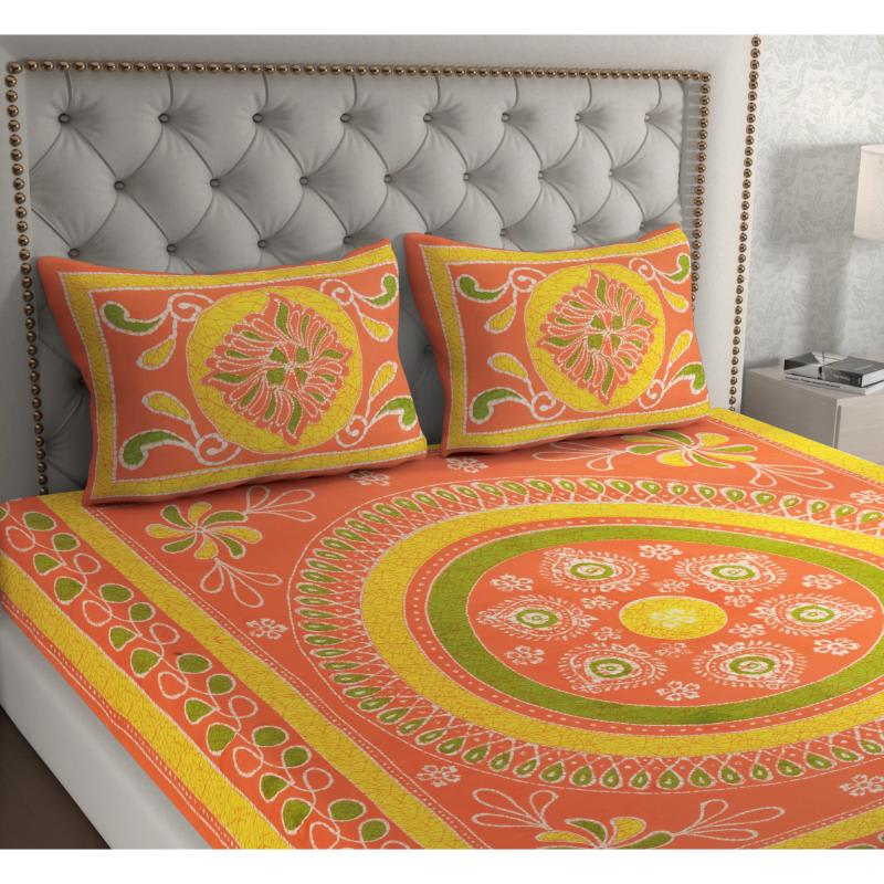 Rajasthani Jaipuri Traditional Double Bedsheet with 2 Pillow Covers - ( Orange)