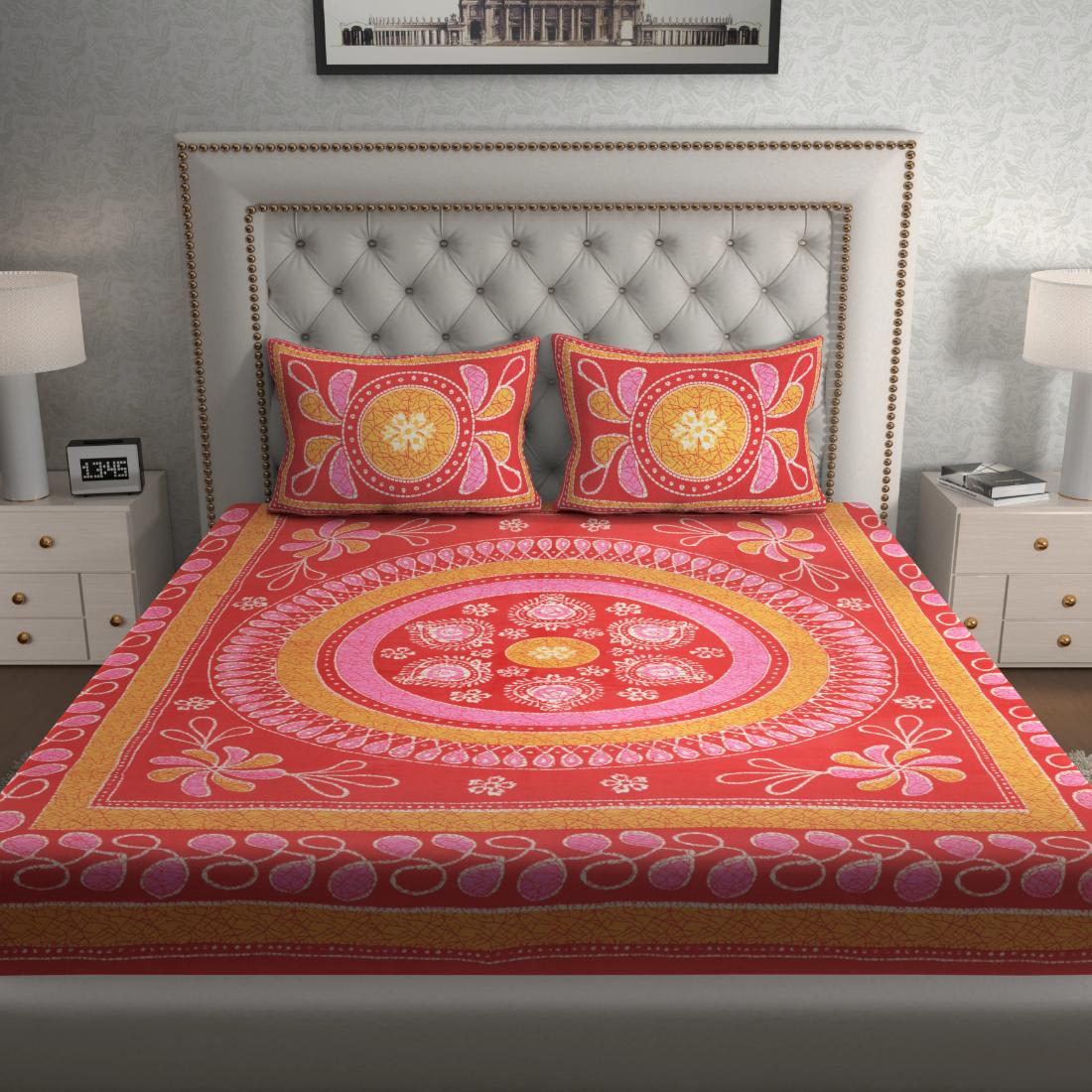 Rajasthani Jaipuri Traditional Double Bedsheet with 2 Pillow Covers - ( Red)