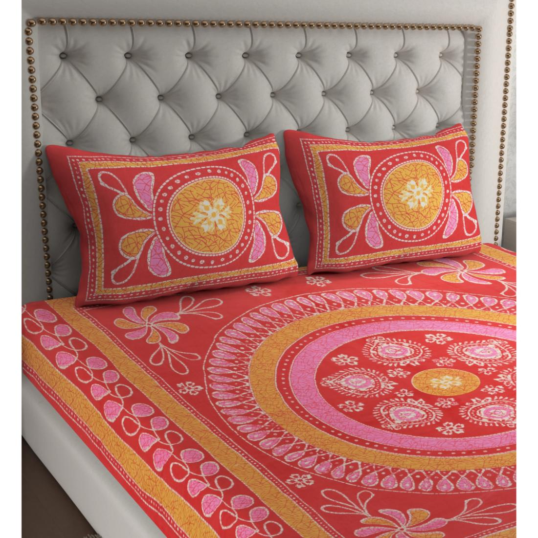 Rajasthani Jaipuri Traditional Double Bedsheet with 2 Pillow Covers - ( Red)