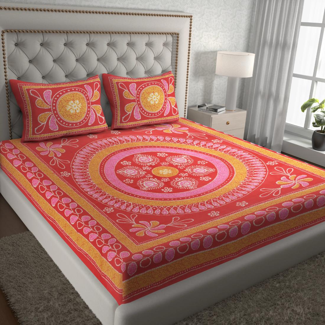 Rajasthani Jaipuri Traditional Double Bedsheet with 2 Pillow Covers - ( Red)