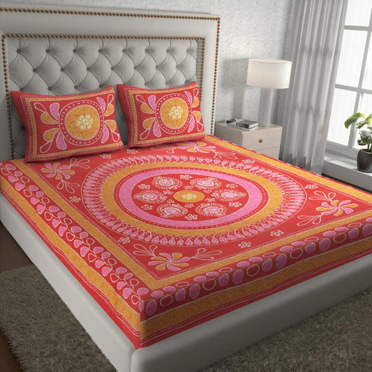 Rajasthani Jaipuri Traditional Double Bedsheet with 2 Pillow Covers - ( Red)