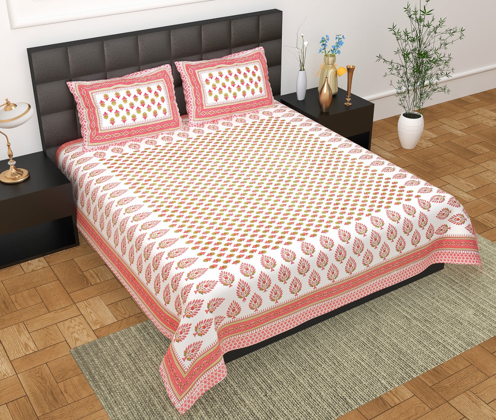 Rajasthani Jaipuri Traditional Double Bedsheet with 2 Pillow Covers -