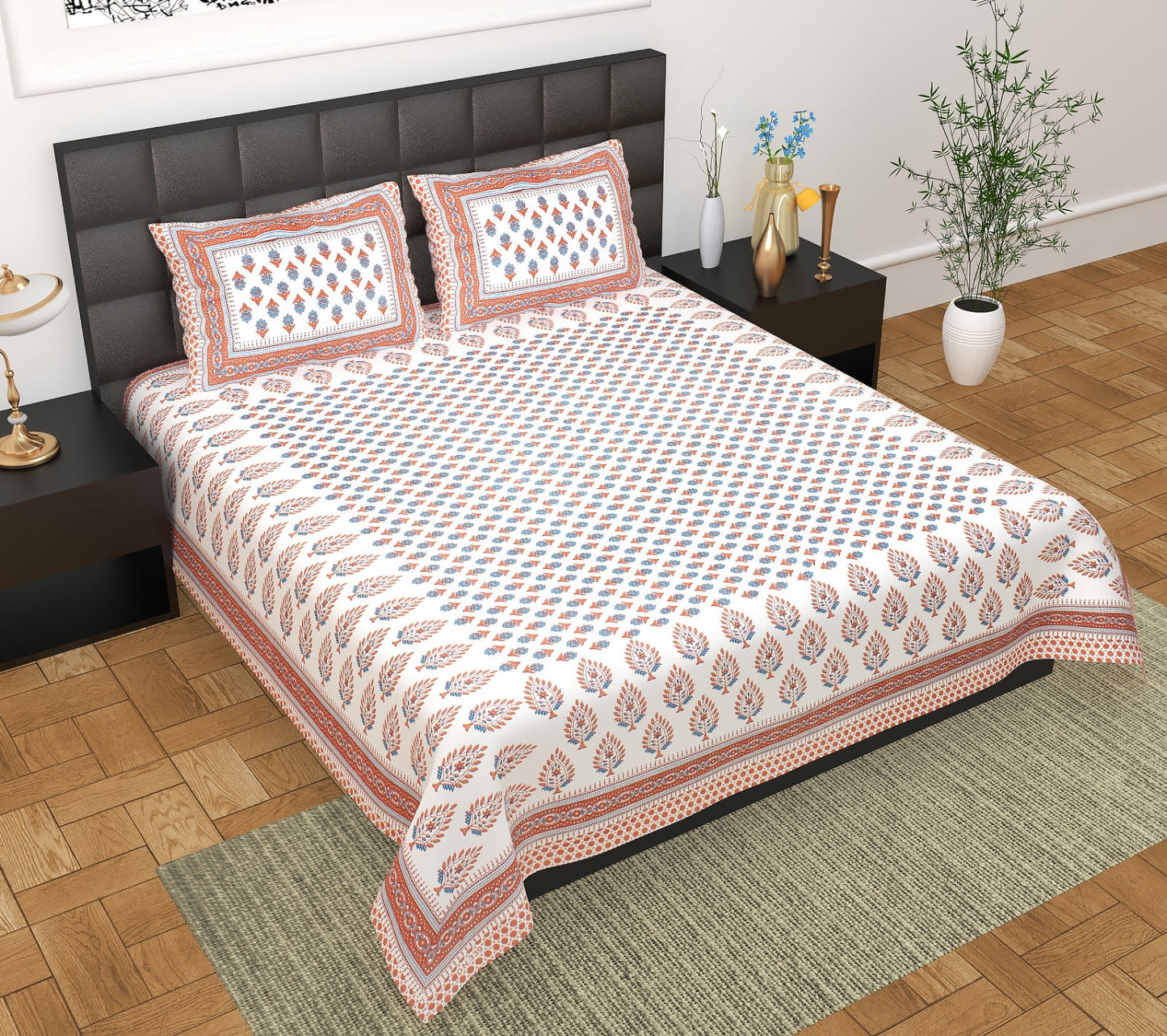 Rajasthani Jaipuri Traditional Double Bedsheet with 2 Pillow Covers -