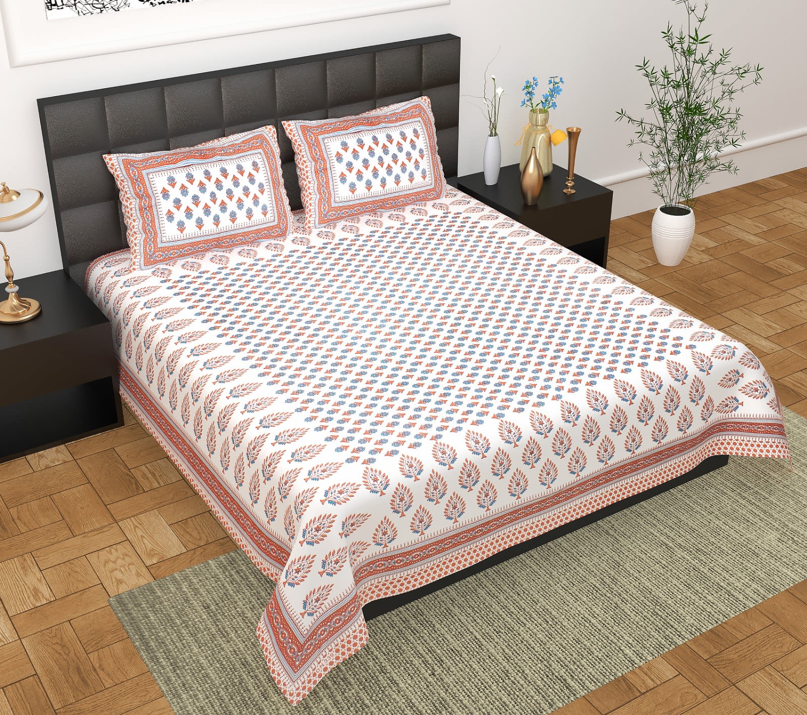 Rajasthani Jaipuri Traditional Double Bedsheet with 2 Pillow Covers -