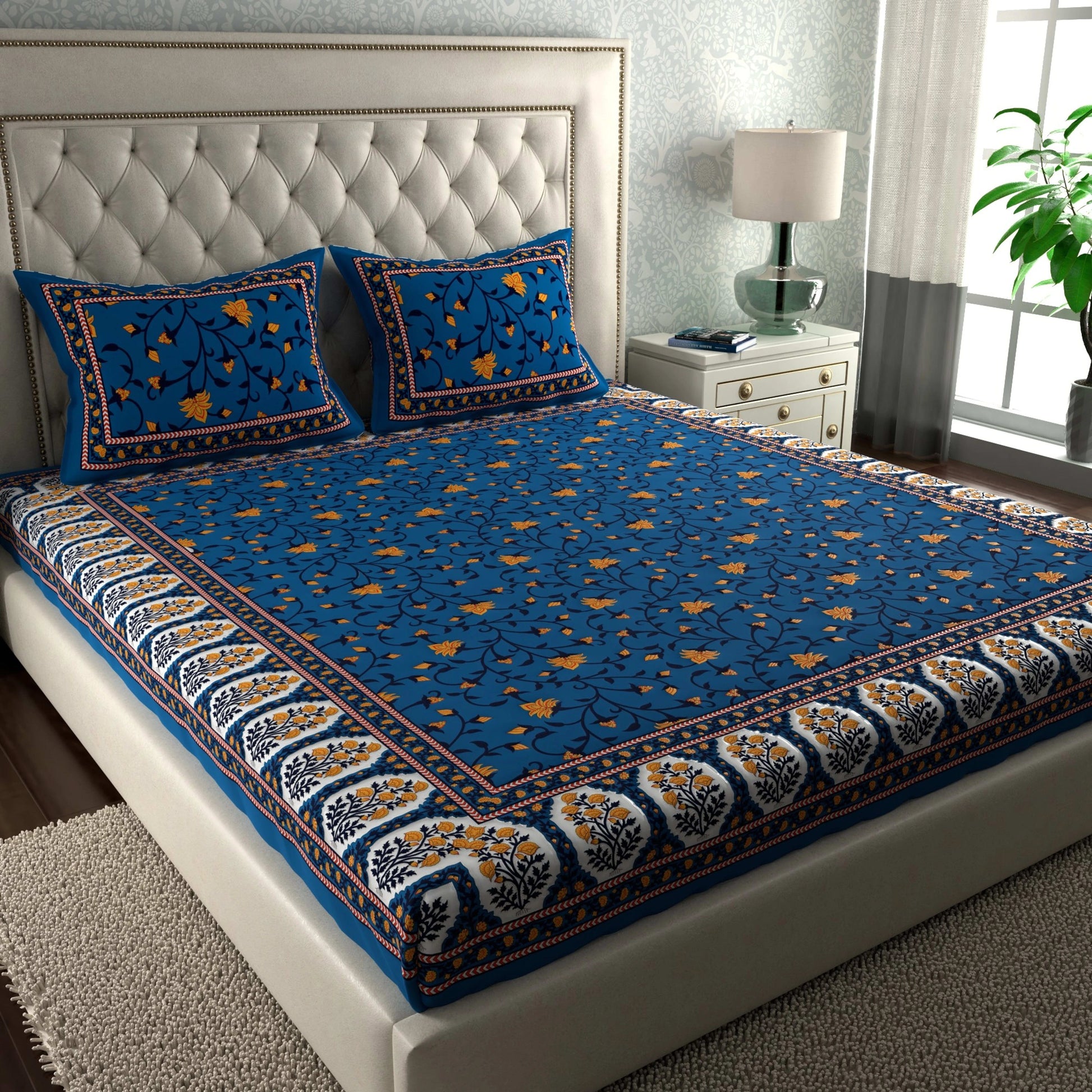 Rajasthani Print Cotton Double Bedsheet with 2 Pillow Covers