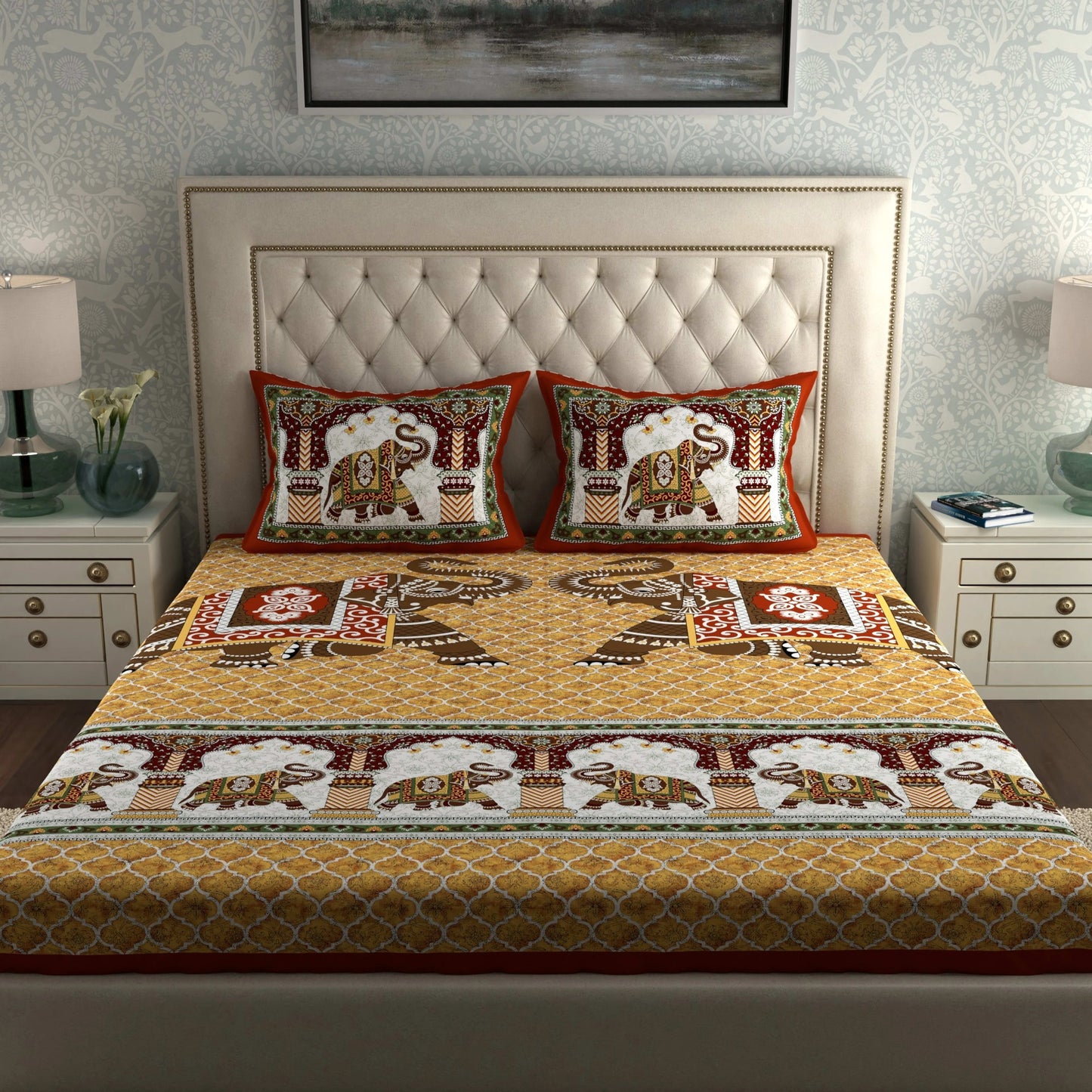 Rajasthani Print Cotton Double Bedsheet with 2 Pillow Covers
