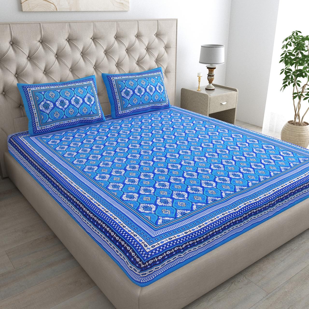 Rajasthani Print Cotton Double Bedsheet with 2 Pillow Covers  (Pack of 1, Blue  )