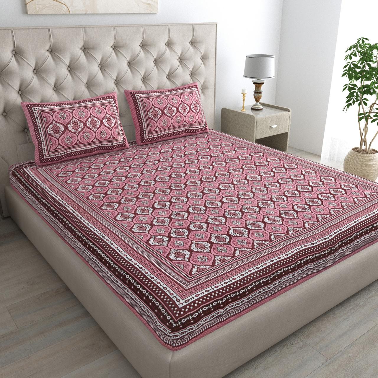 Rajasthani Print Cotton Double Bedsheet with 2 Pillow Covers  (Pack of 1, Maroon )