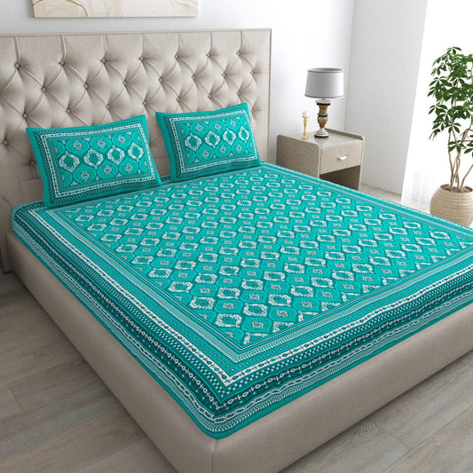Rajasthani Print Cotton Double Bedsheet with 2 Pillow Covers  (Pack of 1, Sea Green )