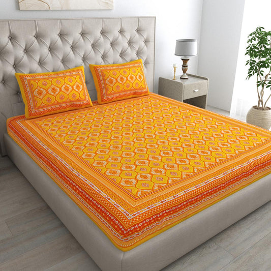Rajasthani Print Cotton Double Bedsheet with 2 Pillow Covers  (Pack of 1, Yellow )