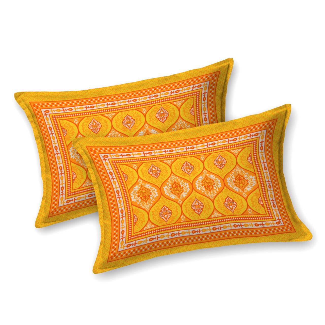 Rajasthani Print Cotton Double Bedsheet with 2 Pillow Covers  (Pack of 1, Yellow )