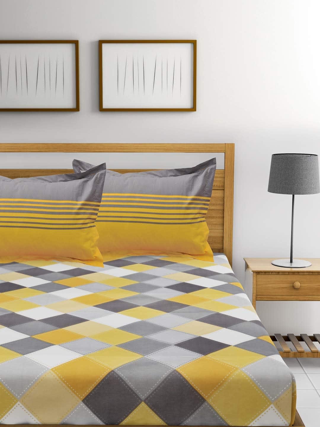 Cotton Double Checkered Flat Bedsheet (Pack of 1, Yellow)