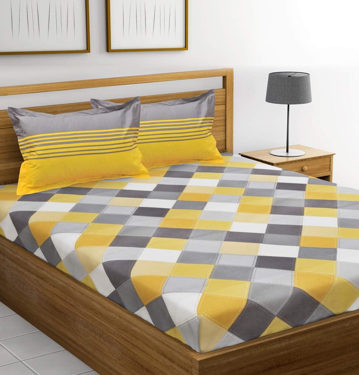 Cotton Double Checkered Flat Bedsheet (Pack of 1, Yellow)