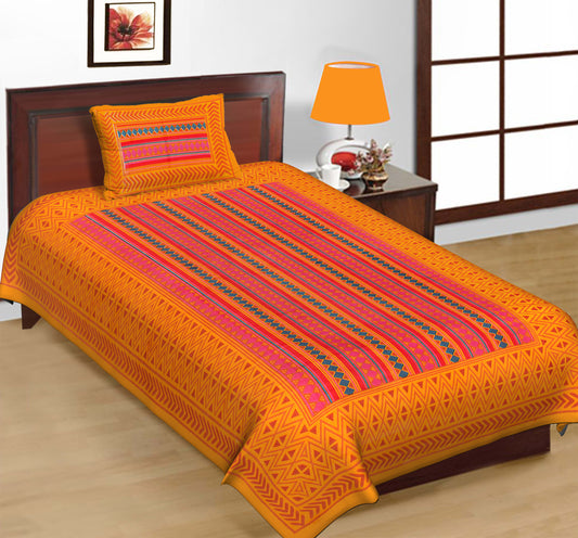 Jaipuri Prints Cotton Single Bedsheet (Orange)
